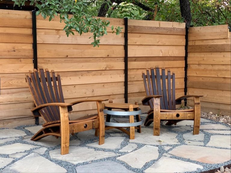 Set of Adirondack chairs and an end table made from retired wine barrels