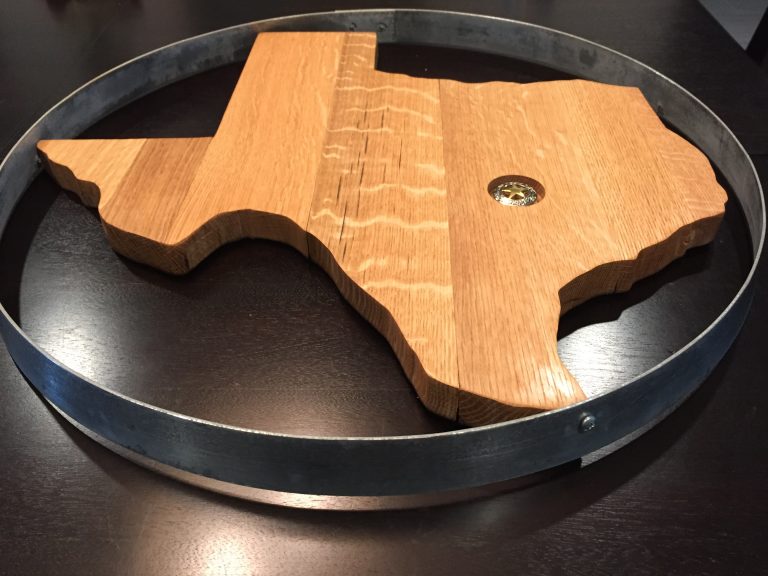 Texas shaped wall art made from wine barrel end