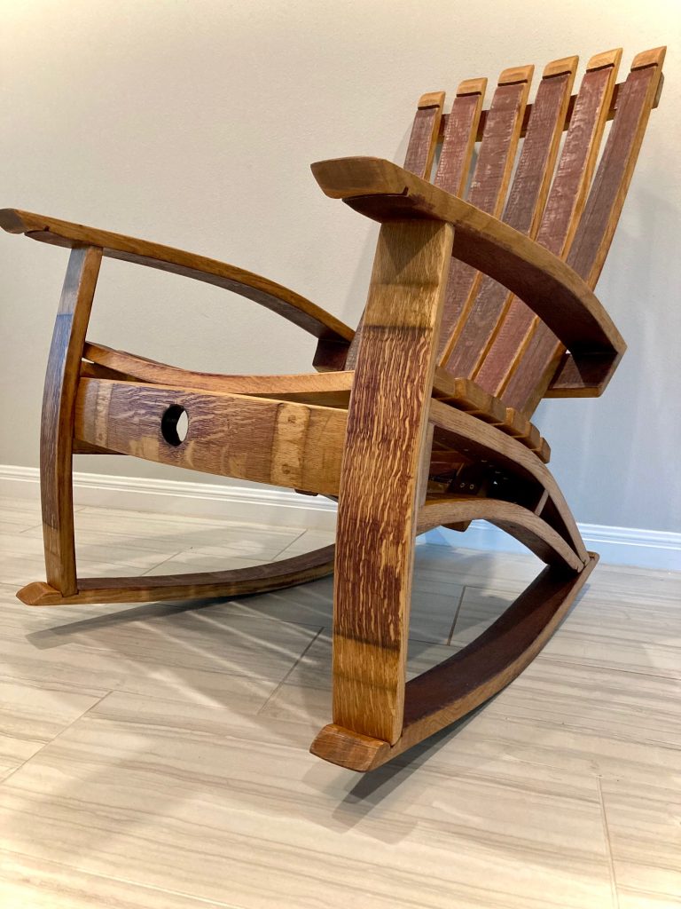 Rocking chair made from retired wine barrel